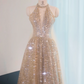 Apricot halter neck fitted waist long ball gown, bridal dress R9003