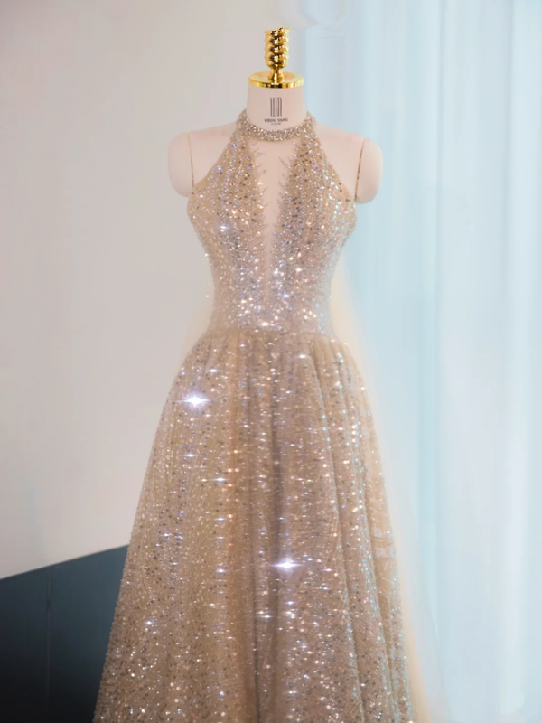 Apricot halter neck fitted waist long ball gown, bridal dress R9003