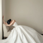 White strapless, waist-cinched, full-skirted floor-length prom gown R7953
