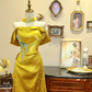 Gold off-the-shoulder strapless fitted long ball gown R7159
