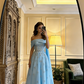 Light yellow off-the-shoulder fitted long ball gown, bridal dress R8598