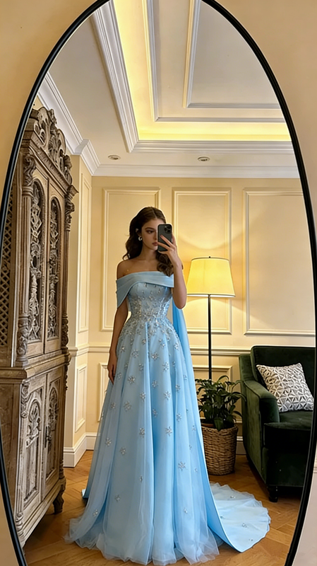 Light yellow off-the-shoulder fitted long ball gown, bridal dress R8598