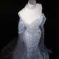 Light blue sequined one-shoulder waist-hugging hip-wrapped fishtail sexy long skirt, prom dress R5616