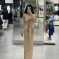 Light brown one-shoulder waist-cinching slim-fit bodycon sexy long prom dress R7913