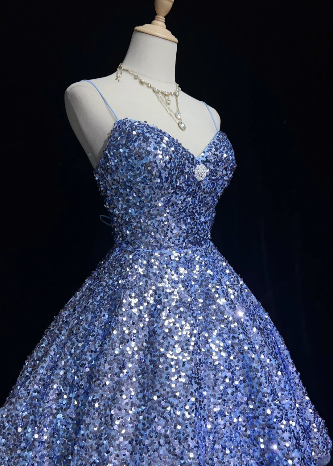 Blue suspender sequined backless waist A-line puffy princess dress homecoming dress R4955