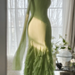 Light green halter-neck fitted long ball gown R7682