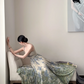 Light green halter-neck fitted floral maxi skirt ball gown R8051