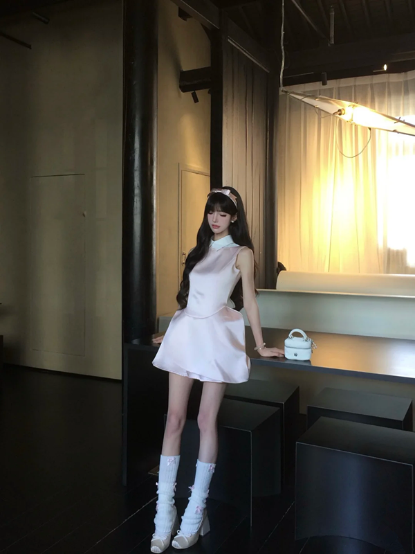 Pink satin sleeveless waist slim fit temperament princess skirt homecoming dress R5076