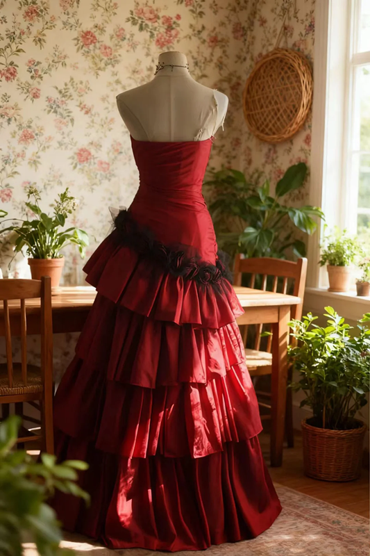 Red strapless, fitted waist, full-skirted ball gown/bridal dress R6687