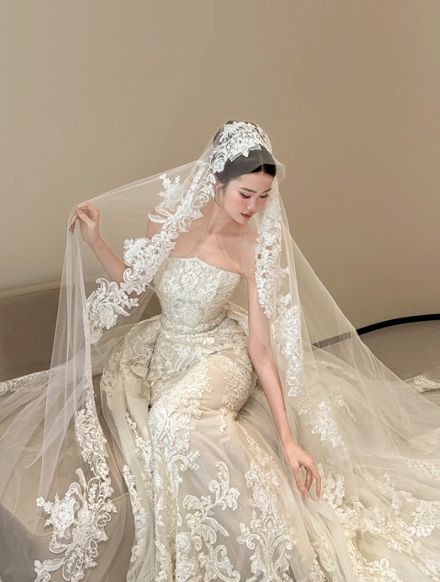 White strapless lace waist slim sexy fishtail long dress bridal gown R6028