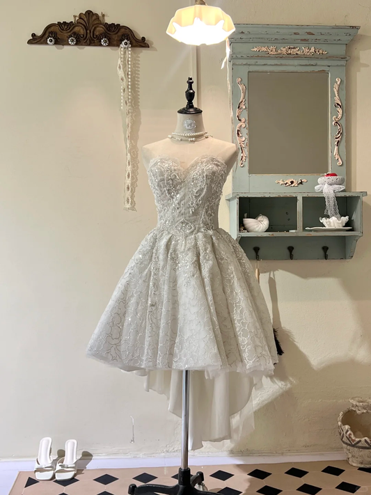 White tube top retro beaded waist slimming and large skirt princess dress homecoming dress R4345