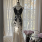 Black and white color-blocked halter-neck fitted bodycon long ball gown R7722