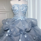 Light gray-blue strapless, fitted waist, three-dimensional floral, full skirt, long ball gown R8368
