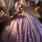 Purple square-neck ball gown with puff sleeves, a cinched waist and a voluminous skirt; bridal gown R7279