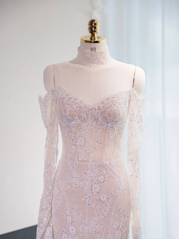 Light pink off-the-shoulder fitted long ball gown, bridal dress R8973
