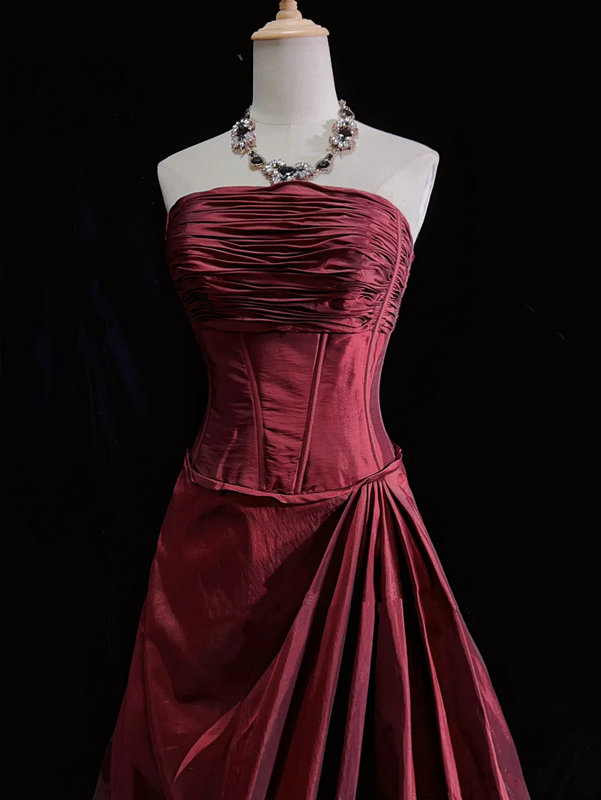 Dark red tube top pleated top with bud skirt short skirt suit homecoming dress R4996