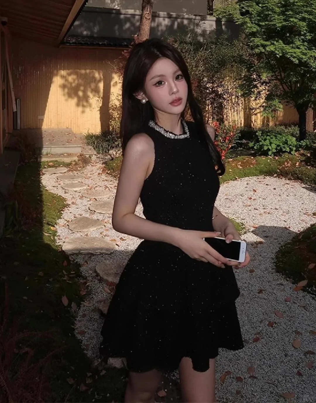 Black sleeveless slim waist A-line daughter feeling short skirt homecoming dress R4225