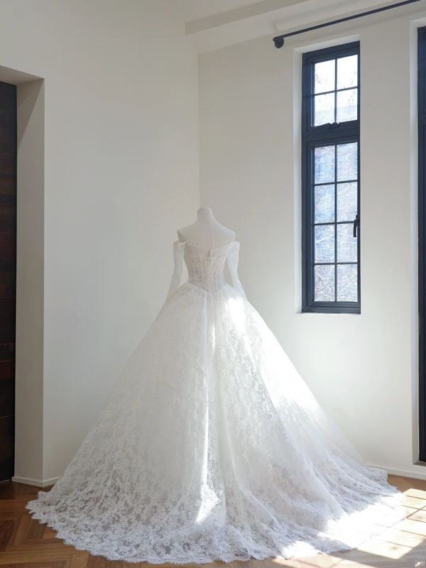 White off-the-shoulder, fitted waist, full skirt, long ball gown R8510