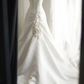 White halter-neck, fitted waist, pleated long ball gown R6806