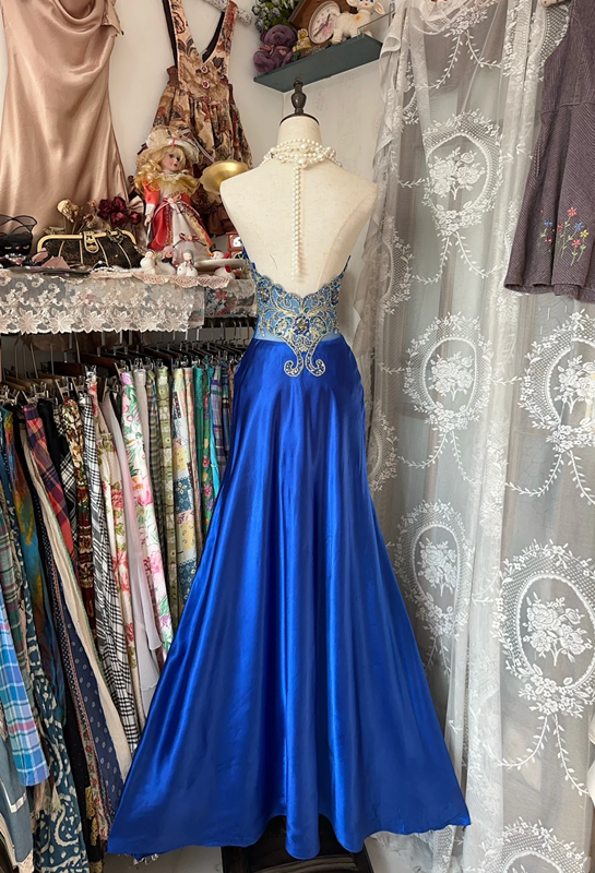 Blue halter-neck sequined fitted sexy fishtail gown, ball gown R6287