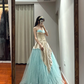 Champagne-colored strapless, fitted, long ball gown with a lake blue skirt R8853