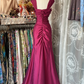 Rose red satin fitted fishtail ball gown R6327