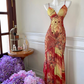 Red tie-dye halter-neck fitted long ball gown R6886
