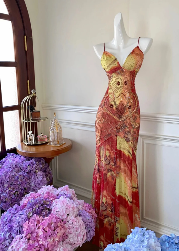 Red tie-dye halter-neck fitted long ball gown R6886