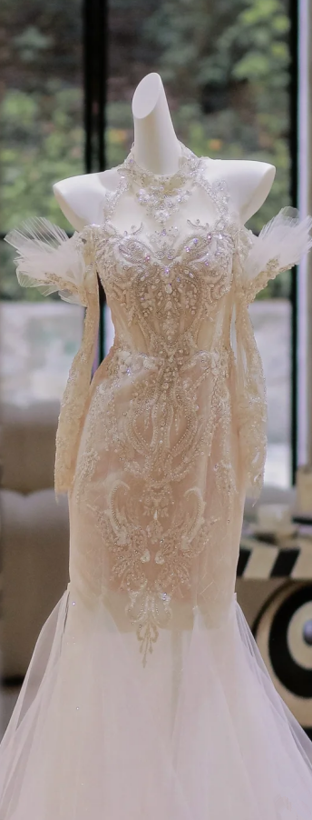 Apricot halter neck diamond waist slim hip fishtail long dress bridal gown R5811