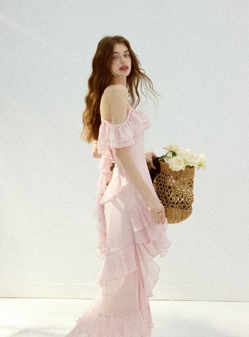 Pink Chiffon Off-Shoulder Maxi Dress Women With Ruffled Tiered Skirt R9462