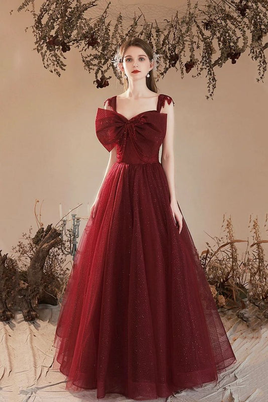 Burgundy Tulle A Line Long Prom Dresses with Bow, Long Burgundy Formal Graduation Evening Dresses       S5386