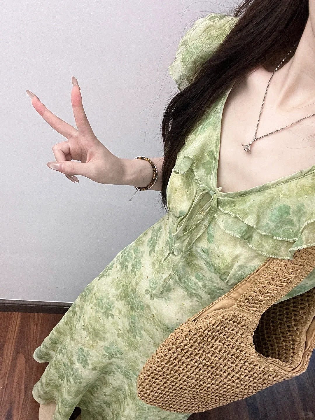 Green Floral Ruffle Trim Midi Dress R9122