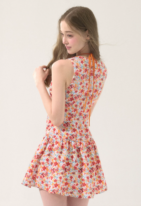 Red Floral Halter Mini Dress With Bow Detail And Flounce Skirt R9281