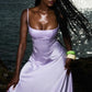 Lilace Square Neck Satin Long Evening Dresses Prom Gown     S6962