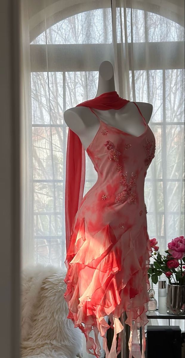 Pink floral halter dress with waist and irregular hem, prom dress R5417