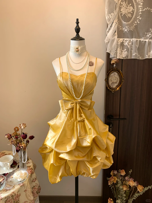 Gold strap waist bow satin bud skirt short skirt homecoming dress R4265