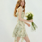Light Green Floral Print Ruffle Mini Dress Women With Square Neck And Asymmetric Hem R9490