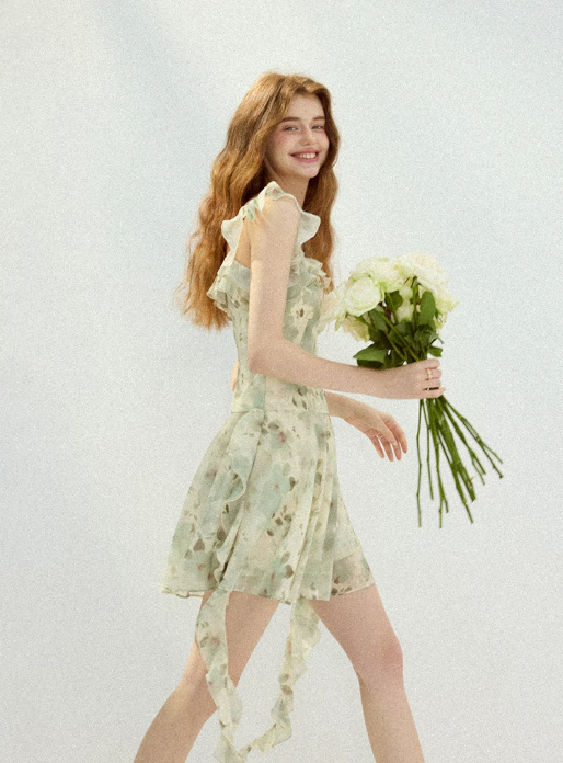 Light Green Floral Print Ruffle Mini Dress Women With Square Neck And Asymmetric Hem R9490