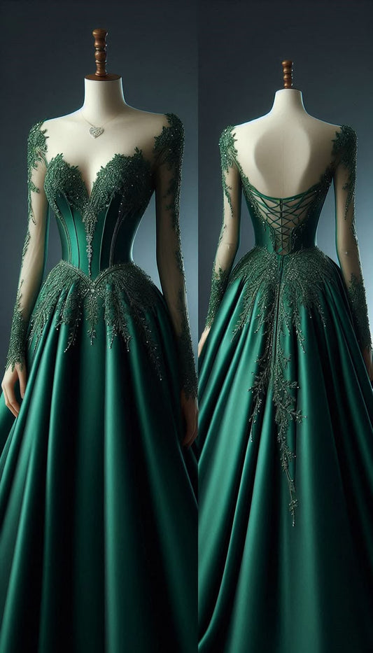 Green Satin Appliques Evening gowns, Long Prom Dress         S7154