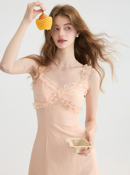 French Vacation Pink Cami Dress Ruffle Trim Mini Dress Summer Slim Party Dress R9465
