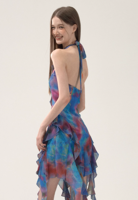 Tie-Dye Halter Neck Mini Dress With Ruffle Trim And Asymmetric Hem R9288