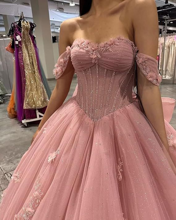 Pink Tulle Quinceanera Dresses for Sweet 16,Off-Shoulder Ball Gowns for Prom S6939