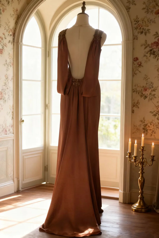 Brown satin backless sexy and elegant long ball gown R6727