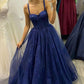 Blue Tulle Appliques Long Prom Dresses, A-Line Strapless Evening Dresses   S2224