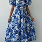 A Line Puff Sleeves Blue Floral Midi Evening Dress Prom Dress     S7044