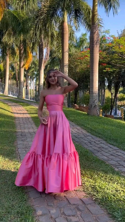 Classy Ball Gown Strapless Pink Floor Length Satin Slit Prom Dresses Evening Gowns      S7023
