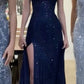 Sparkly Navy Blue Sequins Mermaid V-neck Long Evening Prom Dresses     S5207