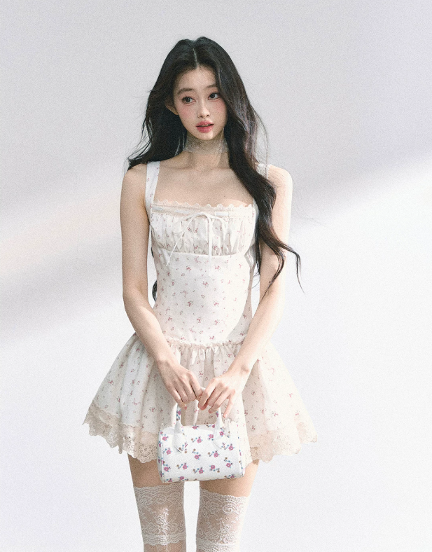 Fairycore White Floral Slip Dress with Lace Trim, Tiered Skirt and Spaghetti Straps R9275