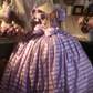 Purple square-neck ball gown with puff sleeves, a cinched waist and a voluminous skirt; bridal gown R7279