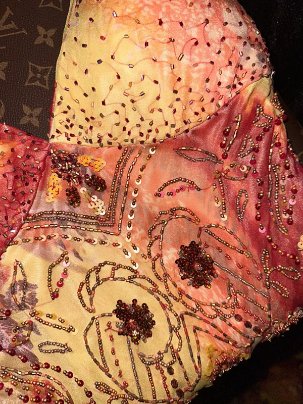 Red tie-dye halter-neck fitted long ball gown R6886